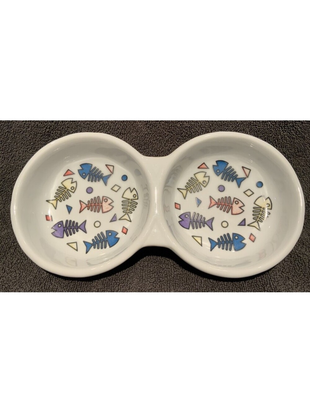 Colorful 8.5”L Fish Print Ceramic Double Cat Food/Water Bowl